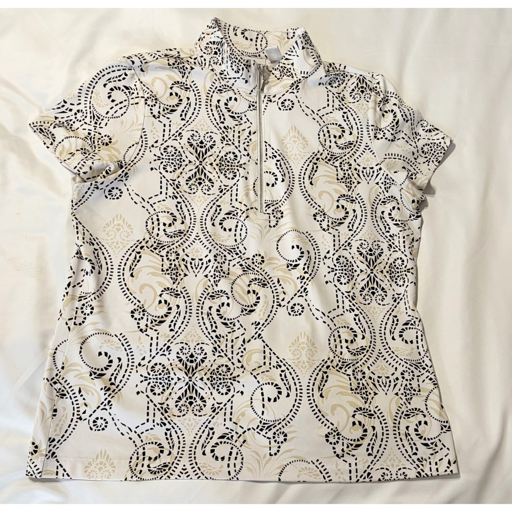 Weekends by Chicos Womens 1 Paisley Half Zip Mock Neck Short Sleeve Top golf